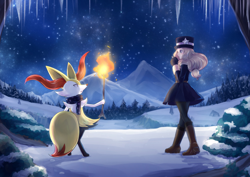 1girl black_coat black_gloves black_headwear black_legwear blue_eyes blue_skirt boots braixen brown_footwear brown_hair coat_dress dress fire forest full_body gloves hat holding knee_boots konna-nani long_hair long_sleeves mountainous_horizon nature night night_sky outdoors pantyhose pokemon pokemon_(game) pokemon_xy print_scarf profile scarf serena_(pokemon) shiny shiny_hair short_dress skirt sky snowing solo star_(sky) star_hat_ornament starry_sky winter