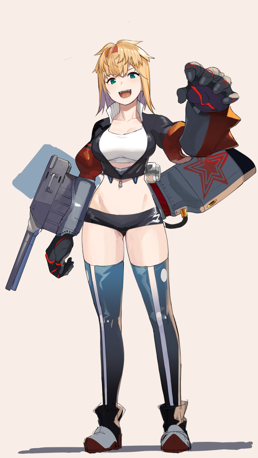 1girl :d absurdres ass_visible_through_thighs black_gloves black_jacket blonde_hair blue_legwear breasts cleavage frunze_(steelblue_mirage) gauntlets gloves green_eyes headband highres jacket looking_at_viewer medium_breasts midriff mumemo open_mouth red_headband short_hair short_shorts shorts simple_background smile solo standing steelblue_mirage thighhighs turret white_background zipper