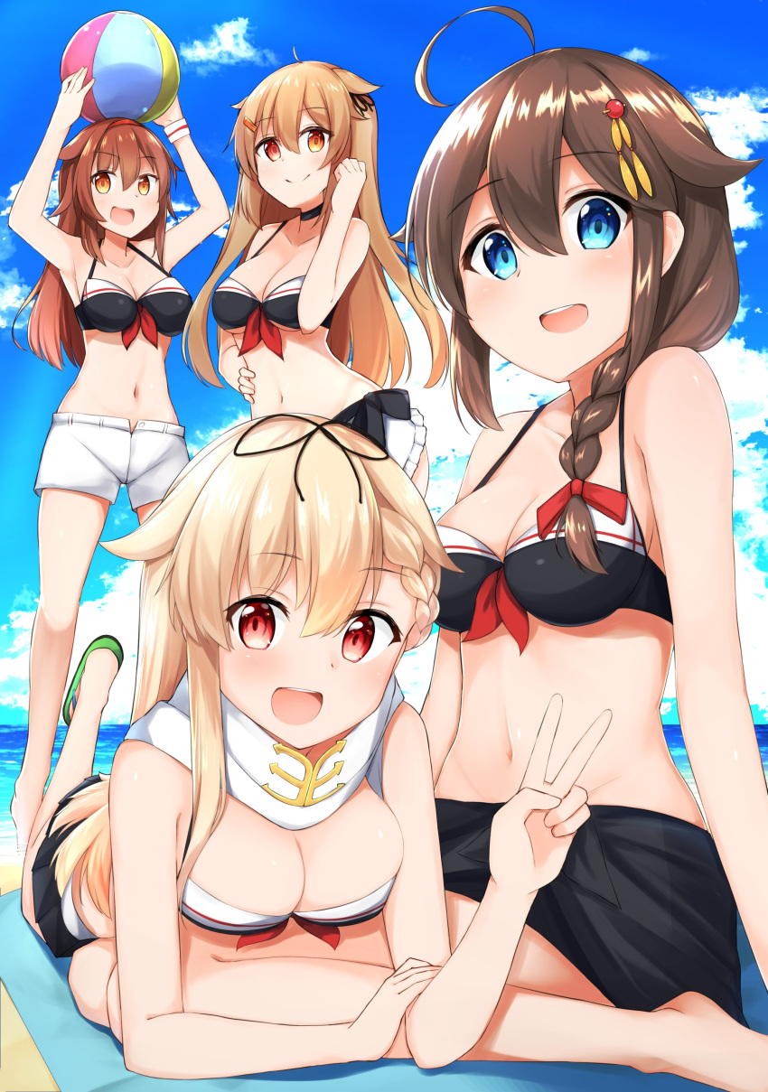 4girls absurdres adapted_costume ahoge ball beach beachball bikini black_bikini black_hair black_ribbon black_sarong blonde_hair blue_eyes blue_sky braid breasts brown_eyes brown_hair cleavage cloud day hair_flaps hair_over_shoulder hair_ribbon hairband heterochromia highres kantai_collection light_brown_hair long_hair looking_at_viewer lying medium_breasts multiple_girls murasame_(kantai_collection) navel on_stomach orange_eyes outdoors red_eyes red_hairband remodel_(kantai_collection) ribbon sakikumo_(sakumo) sarong scarf shigure_(kantai_collection) shiratsuyu_(kantai_collection) shorts single_braid sitting sky smile standing swimsuit two_side_up v wariza white_scarf white_shorts yuudachi_(kantai_collection)