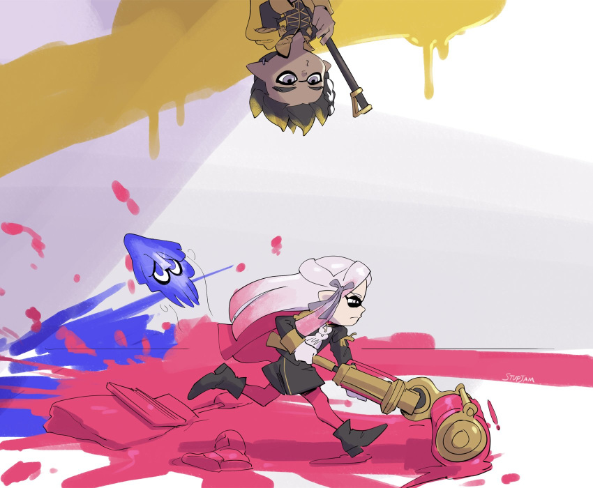 1boy 1girl brush claude_von_riegan cosplay edelgard_von_hresvelg fire_emblem fire_emblem:_three_houses gun highres inkling inkling_(cosplay) paint pantyhose rifle splatoon_(series) splatoon_2 stup-jam uniform upside-down weapon