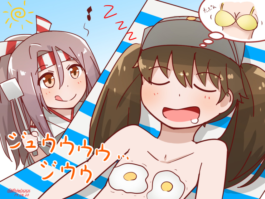 2girls bikini_top breast_conscious brown_eyes brown_hair chair dreaming drooling fried_egg hachimaki headband kantai_collection lounge_chair miccheru multiple_girls musical_note open_mouth ryuujou_(kantai_collection) smile spatula tongue tongue_out topless twintails upper_body visor_cap zuihou_(kantai_collection)