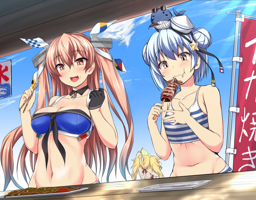 1other 3girls animal animal_on_head bikini black_gloves blonde_hair blue_bikini blue_hair blue_skirt blue_sky blush breasts brown_eyes brown_hair chopsticks cleavage cloud collarbone commentary_request day dixie_cup_hat double_bun eating eyebrows_visible_through_hair fang food food_on_face gambier_bay_(kantai_collection) gloves hair_between_eyes hair_ornament hair_ribbon hat holding holding_food ikayaki johnston_(kantai_collection) kantai_collection light_brown_hair little_blue_whale_(kantai_collection) long_hair medium_breasts military_hat mizunoe_kotaru multiple_girls navel on_head ribbon samuel_b._roberts_(kantai_collection) short_hair single_glove skin_fang skirt sky smile stomach striped striped_bikini sweatdrop swimsuit twintails two_side_up upper_body whale white_headwear yakisoba