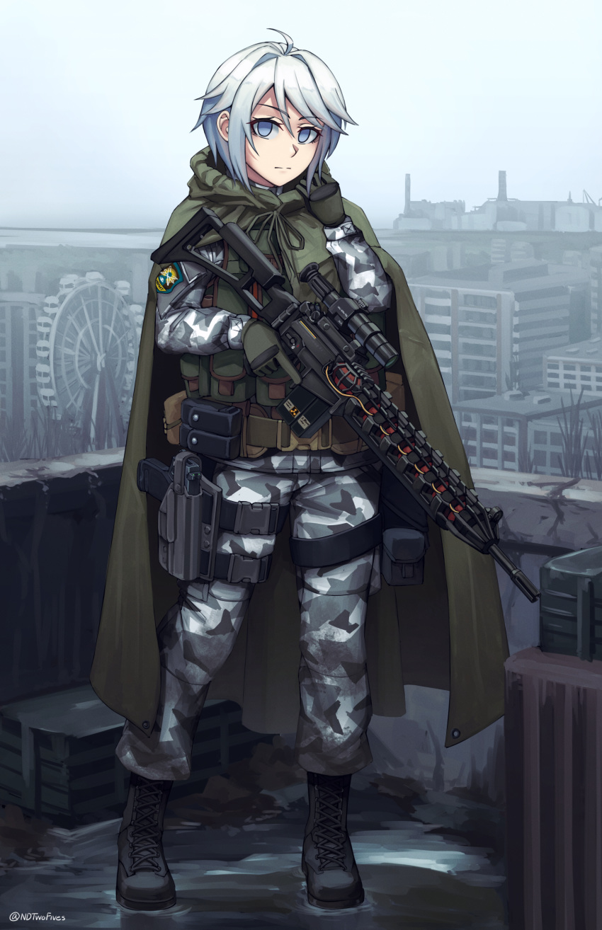 1girl absurdres ahoge bangs black_footwear blue_eyes blue_sky boots building camouflage camouflage_jacket camouflage_pants cityscape cloak cloud cloudy_sky commentary_request cross-laced_footwear eyebrows_visible_through_hair ferris_wheel gauss_rifle_(stalker) gloves green_cloak green_gloves gun h&amp;k_usp hair_between_eyes hair_intakes handgun highres holding holding_gun holding_weapon holster horizon lace-up_boots looking_at_viewer ndtwofives pants pistol radiation_symbol scope silver_hair sky solo stalker_(game) standing thigh_holster trigger_discipline twitter_username weapon