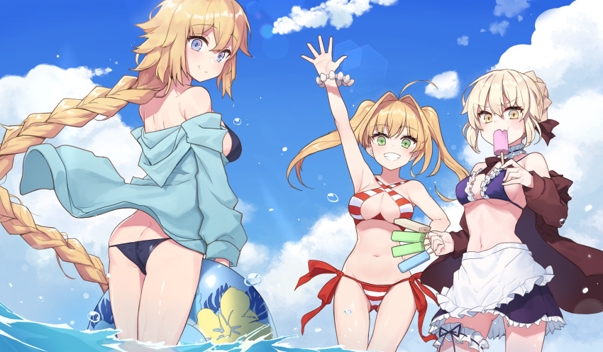 3girls a absurdres ahoge apron artoria_pendragon_(all) artoria_pendragon_(swimsuit_rider_alter) ass bare_shoulders bead_bracelet beads bikini blonde_hair blue_eyes blue_sky bracelet braid breasts butt_crack choker cleavage_cutout eating eyebrows_visible_through_hair fate/grand_order fate_(series) food frilled_apron frilled_bikini frilled_choker frills green_eyes highres innertube jeanne_d'arc_(fate)_(all) jeanne_d'arc_(swimsuit_archer) jewelry light_blush long_hair looking_at_viewer medium_breasts multiple_girls navel nero_claudius_(fate)_(all) nero_claudius_(swimsuit_caster)_(fate) ocean platinum_blonde_hair popsicle short_hair side-tie_bikini single_braid sky smile swimsuit thigh_strap very_long_hair waving wet yellow_eyes