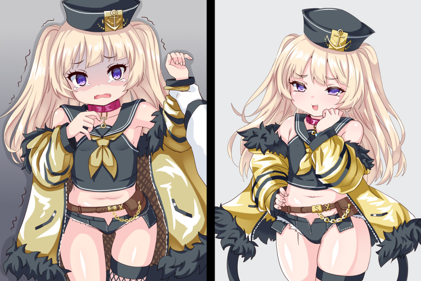 1girl :d anchor azur_lane bache_(azur_lane) belt belt_buckle black_headwear black_sailor_collar black_shirt black_shorts brown_belt brown_jacket brown_neckwear buckle collar collarbone commentary_request fang fangs fingernails fur-trimmed_jacket fur_trim gloves hand_on_hip hat jacket light_brown_hair long_hair long_sleeves looking_at_viewer micro_shorts midriff navel neckerchief off_shoulder open_clothes open_fly open_jacket open_mouth open_shorts purple_eyes red_collar sailor_collar sailor_hat shirt shorts sleeveless sleeveless_shirt smile tears tree two_side_up u2_(5798239) white_gloves wrist_grab