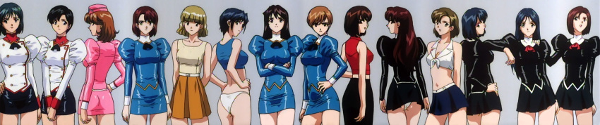 6+girls 90s adjutant_(agent_aika) agent_aika aika_(series) ass bangs black_delmo black_hair black_jacket black_neckwear black_skirt blonde_hair blue_bra blue_delmo blue_eyes blue_hair blue_jacket blue_skirt bra breasts brown_eyes brown_hair buttons cleavage collarbone covered_nipples cowboy_shot cravat crop_top crossed_arms delmogeny_uniform double-breasted etsuko_nina extra eyebrows_visible_through_hair front-tie_top garrison_cap grey_background hand_on_hip hands_on_hips hat highleg highleg_panties highres jacket juliet_sleeves lineup long_hair long_image long_sleeves medium_breasts miniskirt multiple_girls naomi_(agent_aika) navel official_art open_mouth panties pantyshot pantyshot_(standing) pencil_skirt pink_delmo pink_headwear pink_jacket pink_skirt pleated_skirt profile puffy_sleeves red_hair red_neckwear screencap shirt short_hair skirt standing stitched third-party_edit tied_shirt underwear uniform white_delmo white_jacket white_legwear white_panties white_shirt wide_image yamauchi_noriyasu