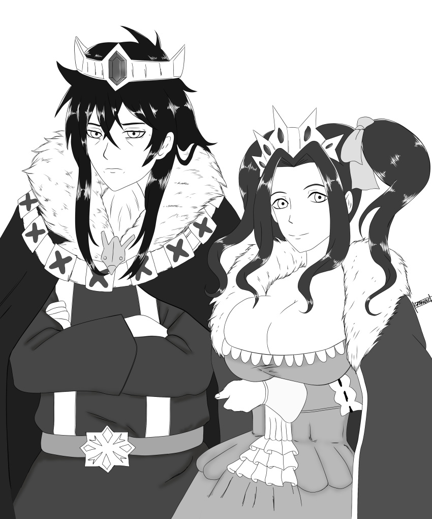 1boy 1girl absurdres black_hair breasts cape crown dress graannz highres iwatani_naofumi king large_breasts long_hair mature melty_q_melromarc queen simple_background smile tate_no_yuusha_no_nariagari white_background