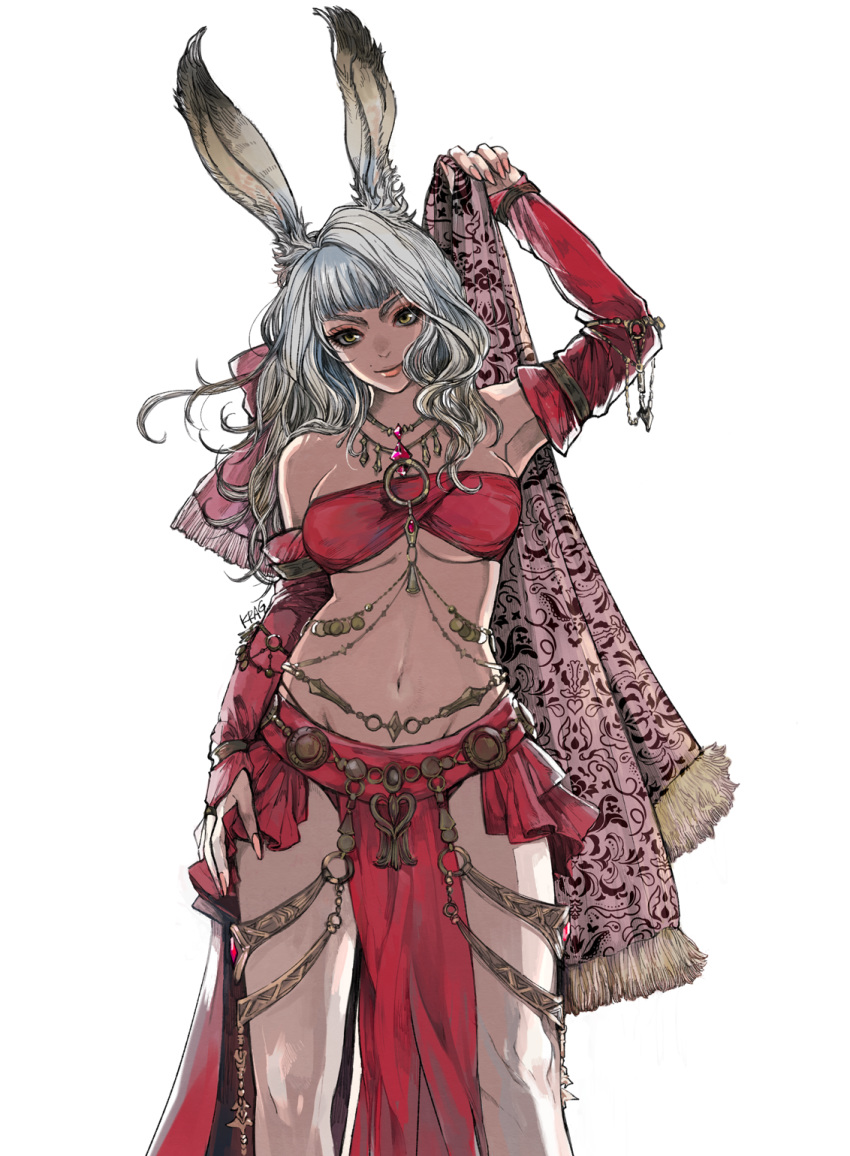 1girl animal_ears arm_at_side arm_up armpit_peek bandeau bangs bare_shoulders breasts bunny_ears closed_mouth commentary_request dancer_(final_fantasy) detached_sleeves feet_out_of_frame final_fantasy final_fantasy_xiv fingernails gem grey_hair groin head_tilt highres holding jewelry lips long_fingernails long_hair looking_at_viewer medium_breasts midriff navel pelvic_curtain pink_nails simple_background smile solo standing stomach strapless underboob viera white_background yellow_eyes yum0811