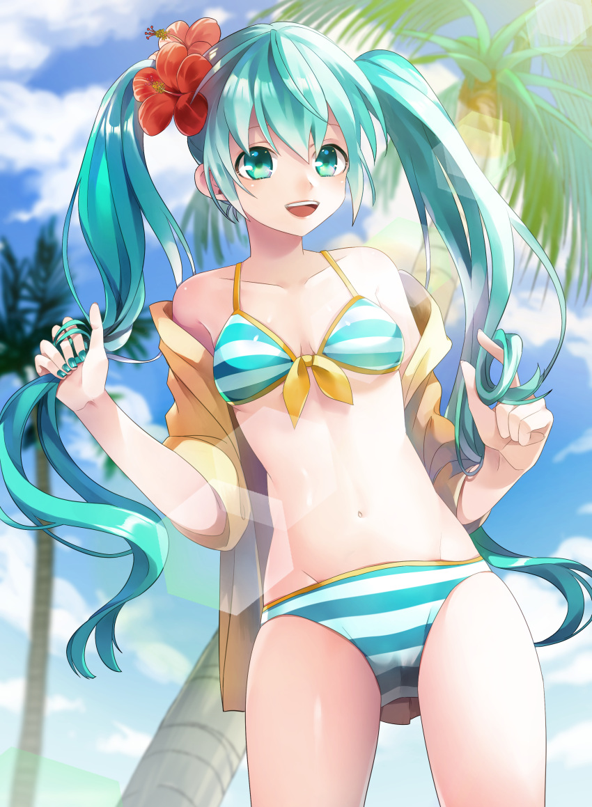 1girl absurdres aqua_hair bikini breasts cloud cowboy_shot flower green_eyes hair_flower hair_ornament hair_tousle hatsune_miku highres long_hair nail_polish off_shoulder open_mouth outdoors q-chiang sky small_breasts solo striped striped_bikini swimsuit tree twintails very_long_hair vocaloid