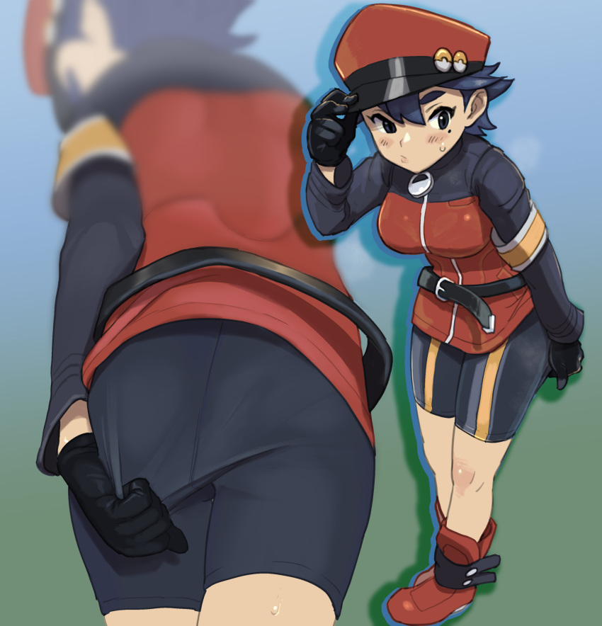 1girl 2equal8 adjusting_clothes adjusting_hat adjusting_shorts ass belt bike_shorts black_hair boots hat highres looking_down mole mole_under_eye multiple_views pantylines peaked_cap pokemon pokemon_(game) pokemon_masters pokemon_ranger_uniform short_hair shorts shorts_pull sweatdrop