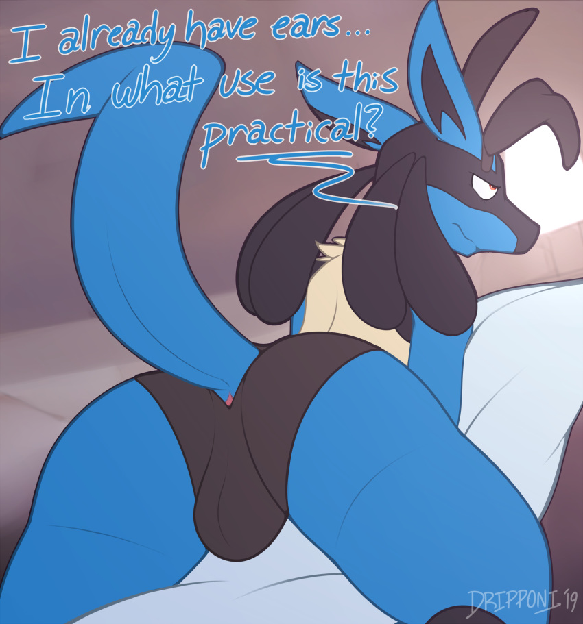 2019 anthro anus blue_fur bulge butt canid canine clothed clothing crossdressing dripponi english_text fake_bunny_ears fur lucario male mammal nintendo partially_clothed pok&eacute;mon pok&eacute;mon_(species) rear_view red_eyes solo text underwear video_games