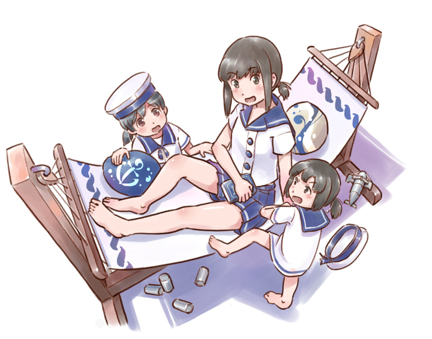 3girls :d alternate_costume barefoot black_hair blue_eyes blue_sailor_collar blue_skirt bob_cut book daitou_(kantai_collection) dress eyebrows_visible_through_hair fubuki_(kantai_collection) green_eyes hammock hat hiburi_(kantai_collection) holding holding_book kantai_collection karasu_(naoshow357) low_ponytail lying multiple_girls open_mouth pleated_skirt sailor_collar sailor_dress sailor_hat school_uniform serafuku short_hair short_ponytail short_sleeves sidelocks skirt smile white_dress white_headwear