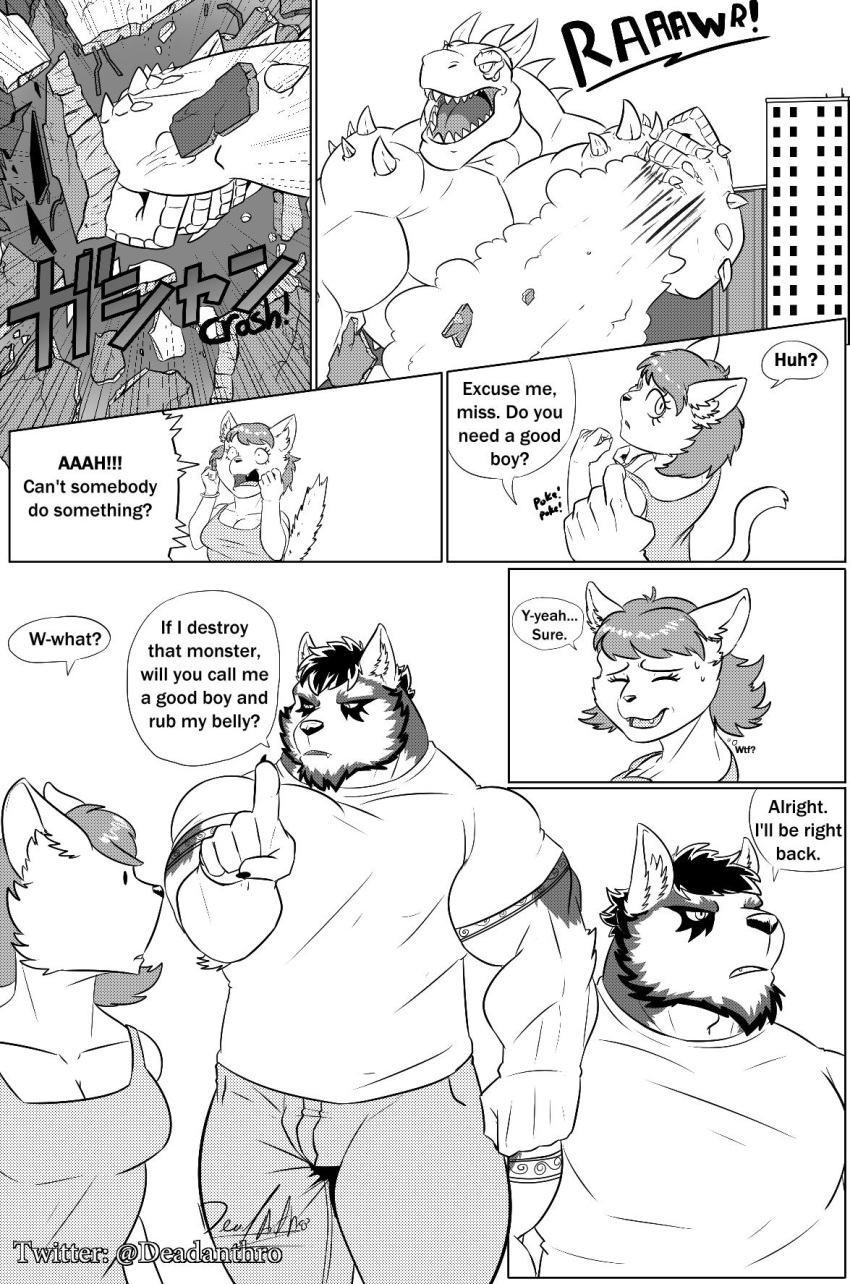 anthro breasts canid canine clothed clothing comic deadanthro dragon english_text female humor kaiju male mammal muscular muscular_male teeth text tongue