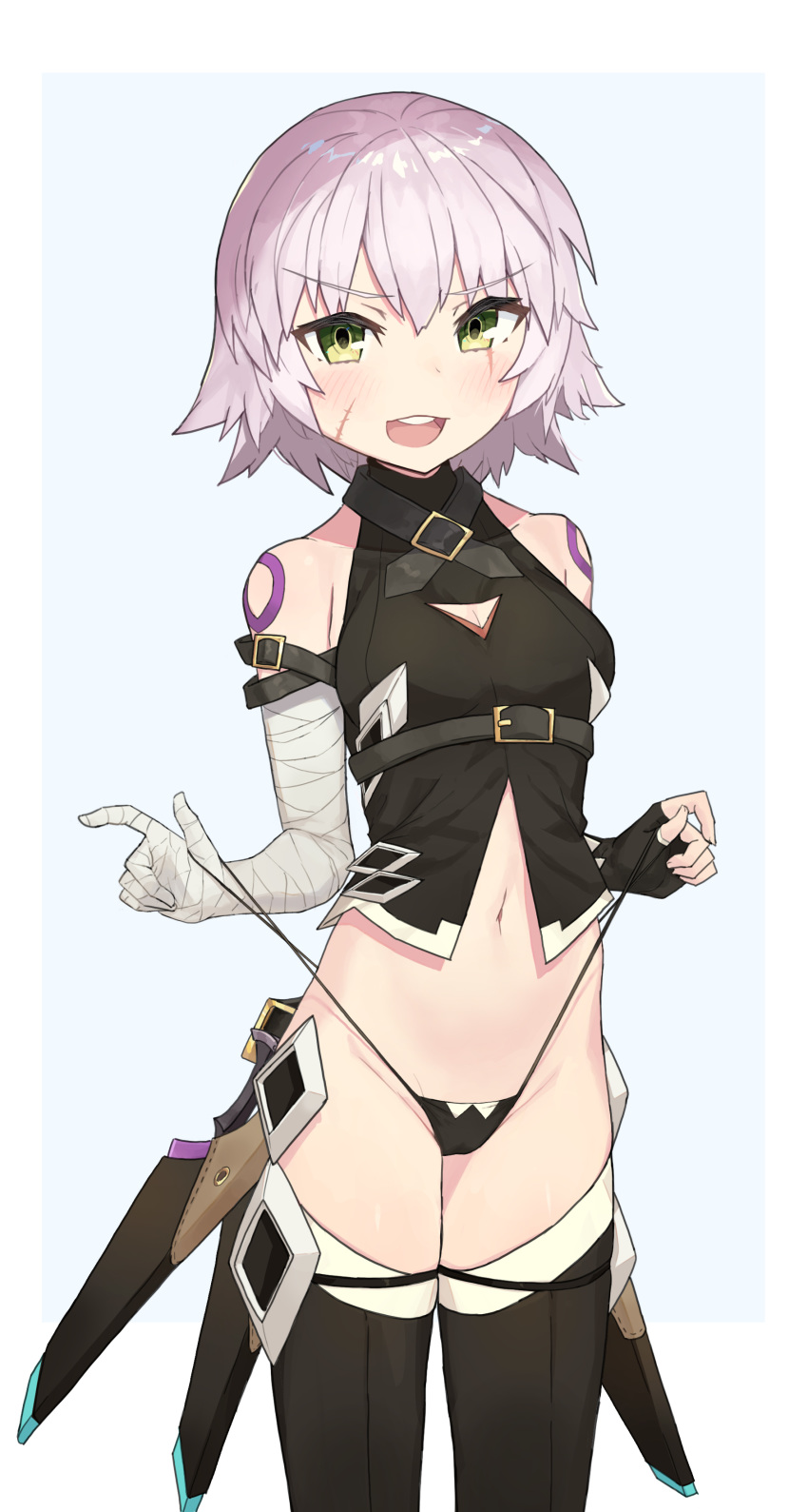 1girl absurdres arm_belt bandaged_arm bandages bangs bare_shoulders black_gloves black_panties breasts cleavage_cutout eyebrows_visible_through_hair facial_scar fate/apocrypha fate/grand_order fate_(series) fingerless_gloves gloves green_eyes grey_hair highres jack_the_ripper_(fate/apocrypha) looking_at_viewer manglifer navel open_mouth panties panty_pull pulled_by_self scar scar_across_eye scar_on_cheek short_hair shoulder_tattoo single_glove small_breasts smile solo tattoo underwear white_background white_hair