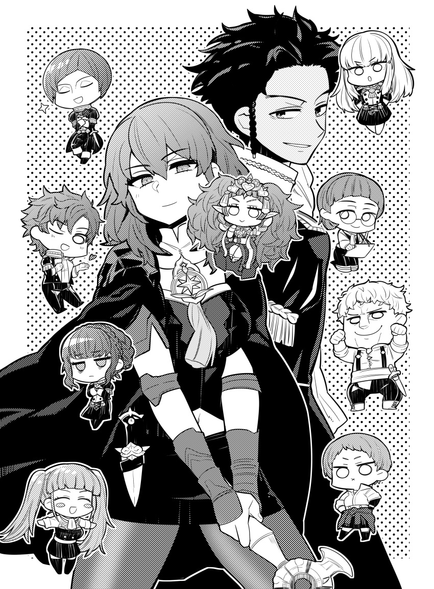 5boys 6+girls absurdres blush_stickers braid byleth_(fire_emblem) byleth_(fire_emblem)_(female) cape chibi claude_von_riegan closed_eyes closed_mouth crown_braid cslucaris dagger dark_skin dark_skinned_male fire_emblem fire_emblem:_three_houses glasses greyscale hair_ornament highres hilda_valentine_goneril holding holding_sword holding_weapon ignatz_victor leonie_pinelli long_hair lorentz_hermann_gloucester lysithea_von_ordelia manakete marianne_von_edmund medium_hair monochrome multiple_boys multiple_girls one_eye_closed open_mouth parted_lips pointy_ears raphael_kirsten sheath sheathed short_hair shorts smile sothis_(fire_emblem) sword sylvain_jose_gautier tiara twin_braids twintails uniform weapon