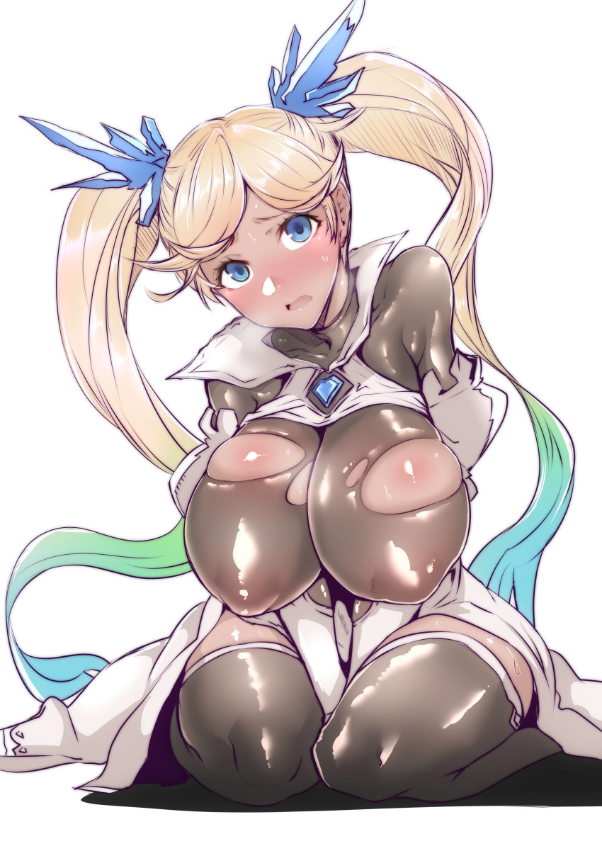 1girl absurdres black_legwear blonde_hair blue_eyes blush breasts covered_nipples dark_skin gggg gloves granblue_fantasy highres io_euclase large_breasts long_hair looking_at_viewer open_mouth seiza sitting solo sweat thighhighs torn_clothes twintails very_long_hair