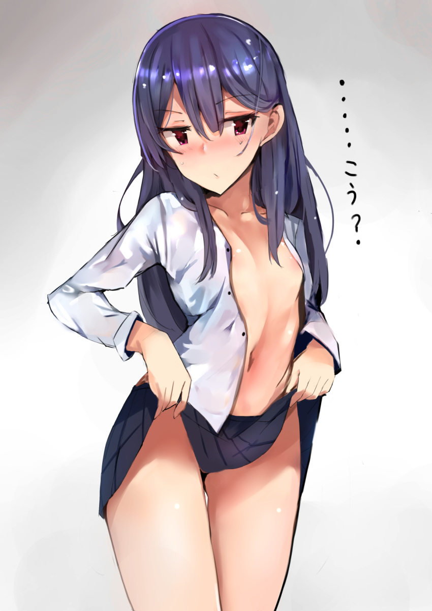 1girl areola_slip areolae bangs black_skirt blue_hair blush breasts eyebrows_visible_through_hair hair_between_eyes highres lifted_by_self long_sleeves looking_to_the_side miniskirt muoto navel no_bra no_panties nose_blush open_clothes open_shirt original pleated_skirt red_eyes school_uniform shirt skirt skirt_lift small_breasts solo standing sweatdrop undressing white_shirt