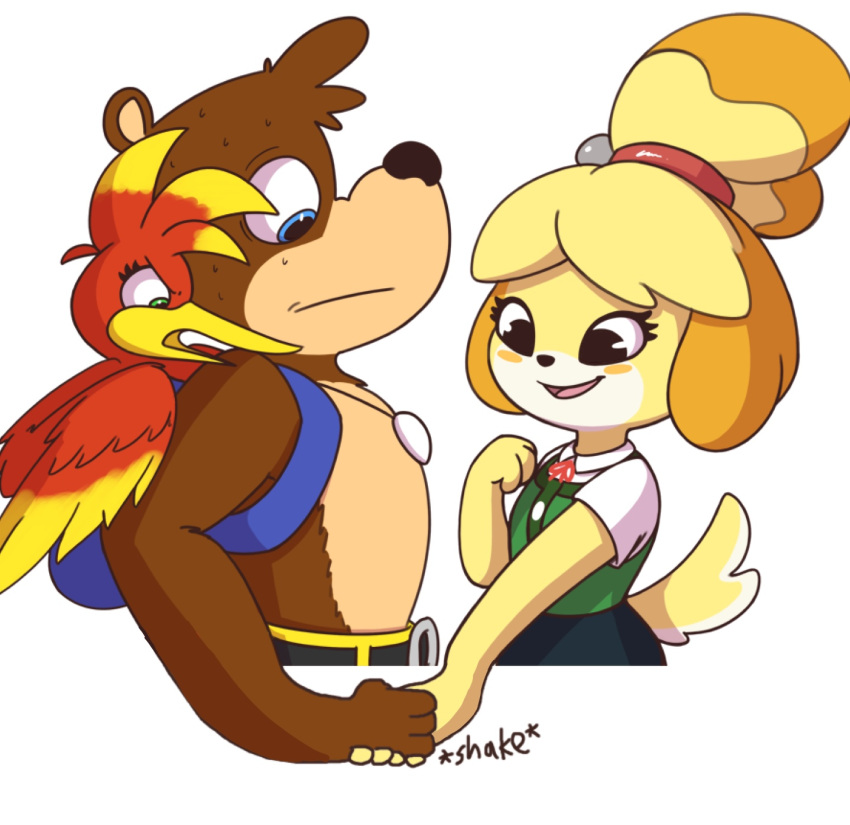 animal_crossing avian banjo-kazooie banjo_(banjo-kazooie) breegull canid canine canis domestic_dog edit english_text gesture group handshake isabelle_(animal_crossing) kazooie mammal nintendo rareware shih_tzu starshippizza text toy_dog ursid video_games