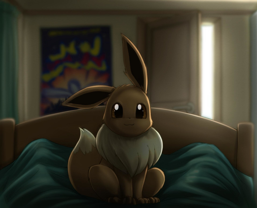 2019 ambiguous_gender backlighting bed bed_sheet bedding bedroom blurred_background brown_eyes brown_fur digital_media_(artwork) dipstick_tail duo eevee feral fur green_sheets hi_res inside light lighting looking_at_viewer mane multicolored_tail nintendo on_bed otakuap pok&eacute;mon pok&eacute;mon_(species) poster sitting smile solo_focus video_games