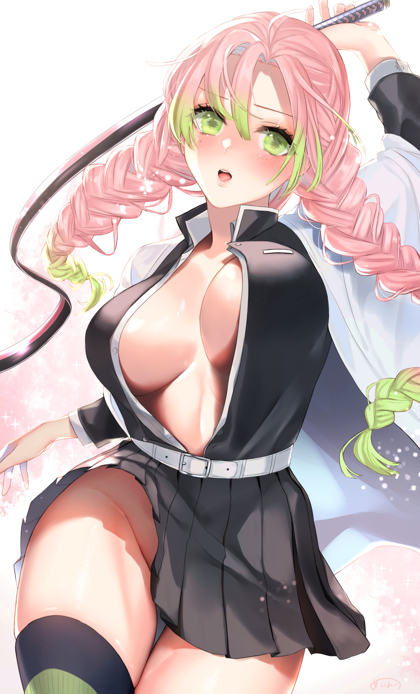 1girl absurdres arm_at_side arm_up bangs belt black_skirt blush braid breasts cleavage collarbone commentary_request eyebrows_visible_through_hair eyelashes gradient_hair green_eyes green_hair groin hair_between_eyes haori highres holding_whip huge_filesize japanese_clothes kanroji_matsuri kimetsu_no_yaiba large_breasts long_hair long_sleeves looking_at_viewer mole mole_under_eye multicolored_hair no_bra no_panties open_clothes pink_hair pleated_skirt sakiryo_kanna sidelocks skirt solo tongue unbuttoned unbuttoned_shirt underboob uniform upper_teeth whip white_belt wind wind_lift