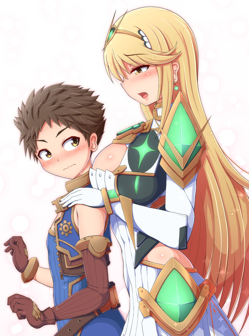 1boy 1girl armor blonde_hair blush breasts brown_hair cleavage cleavage_cutout dress earrings elbow_gloves eyebrows_visible_through_hair gem gloves hair_ornament headpiece highres hikari_(xenoblade_2) huge_breasts jewelry large_breasts long_hair nervous ponpo rex_(xenoblade_2) short_hair smile tiara white_dress xenoblade_(series) xenoblade_2