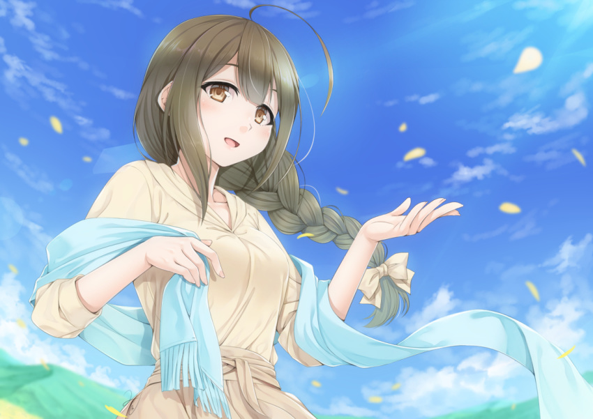 1girl ahoge bangs blue_scarf blue_sky blush braid breasts brown_eyes brown_hair cloud cloudy_sky collarbone commentary_request day eyebrows_visible_through_hair hair_ribbon hand_up idolmaster idolmaster_shiny_colors kuwayama_chiyuki light_rays long_braid long_hair looking_at_viewer miri_(ago550421) open_mouth outdoors petals ribbon scarf shirt single_braid sky sleeves_rolled_up smile solo