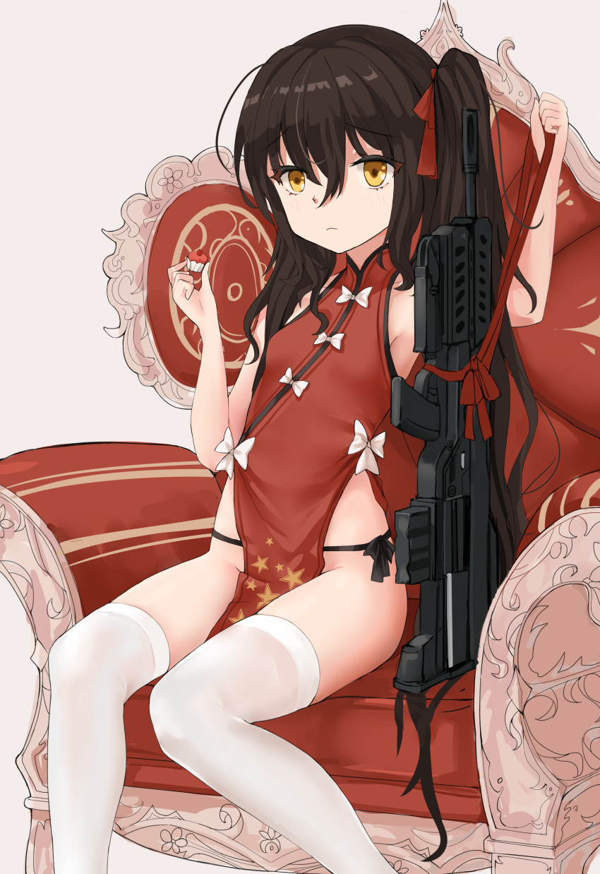 absurdres black_hair china_dress chinese_clothes dress fan girls_frontline gun highres qbz-97 qianqiu_wanxia thighhighs thong weapon yellow_eyes