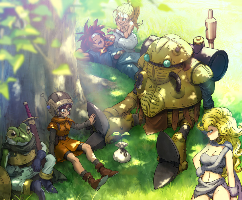 1other 2boys 3girls ayla_(chrono_trigger) bare_shoulders belt black_cape blonde_hair blue_eyes blurry_foreground bracer breasts brown_footwear cape chrono_trigger cleavage closed_eyes crono dappled_sunlight frog glasses grass helmet kaeru_(chrono_trigger) long_hair long_sleeves lucca_ashtear lying marle medium_breasts midriff multiple_boys multiple_girls on_back open_mouth outdoors pants ponytail red_hair robo robot sapling sheath sheathed shield short_hair sitting smile spiked_hair standing sunlight sword tree user_fuyz3388 very_long_hair wavy_hair weapon