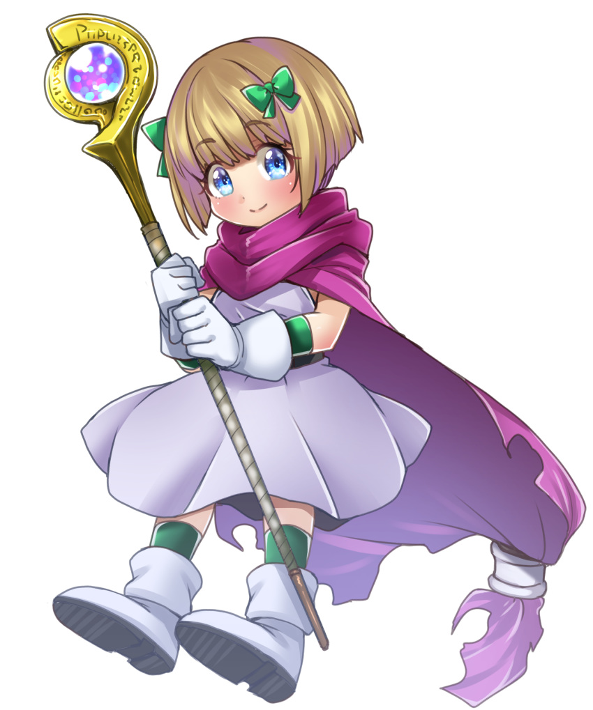 1girl bangs bianca's_daughter blonde_hair blue_eyes boots bow cape closed_mouth commentary_request dragon_quest dragon_quest_v dress eyebrows_visible_through_hair full_body gloves green_bow grey_dress grey_footwear hair_bow highres holding holding_staff looking_at_viewer pink_cape short_dress short_hair simple_background smile solo staff white_background white_gloves yunodon_(sugar_maple)