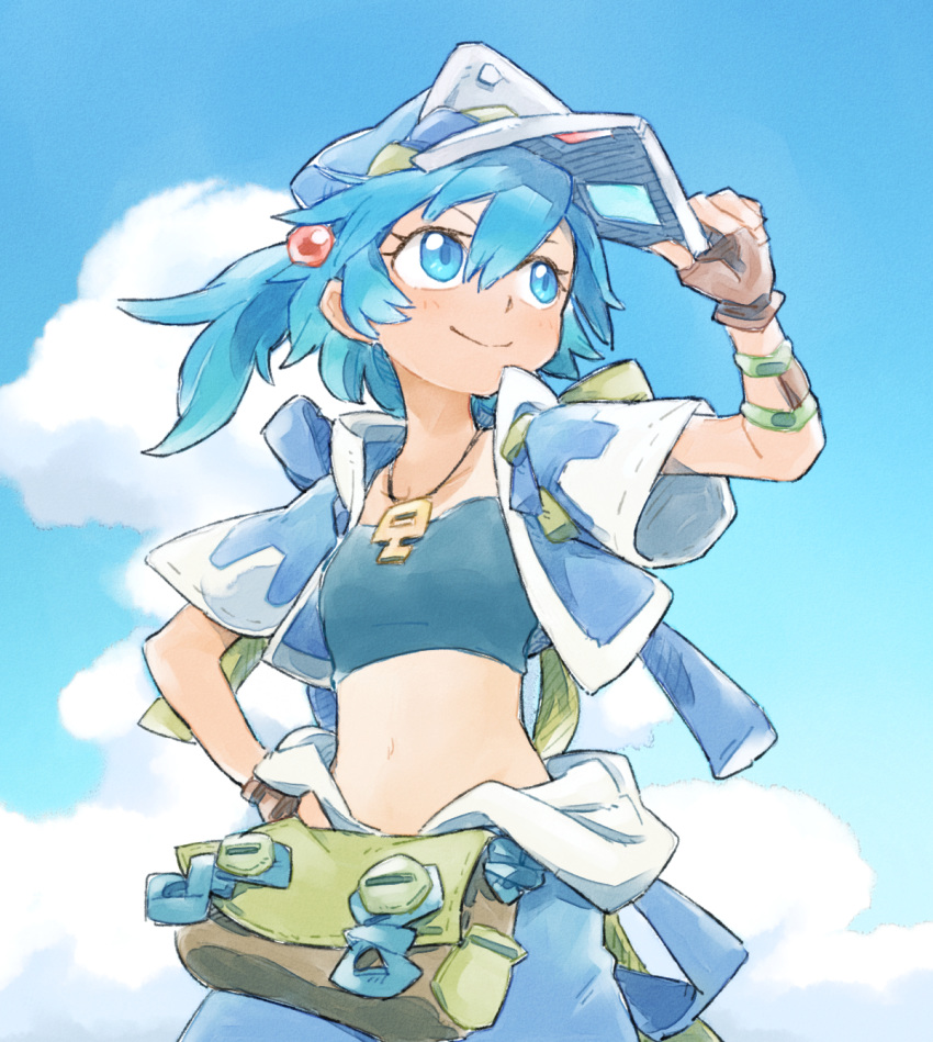 1girl blue_eyes blue_hair blue_sky brown_gloves closed_mouth commentary_request day fingerless_gloves gloves hair_bobbles hair_ornament hand_on_hip hat highres jewelry kawashiro_nitori key looking_away midriff navel necklace outdoors short_hair short_sleeves sky smile solo touhou ziro_(daydozen)