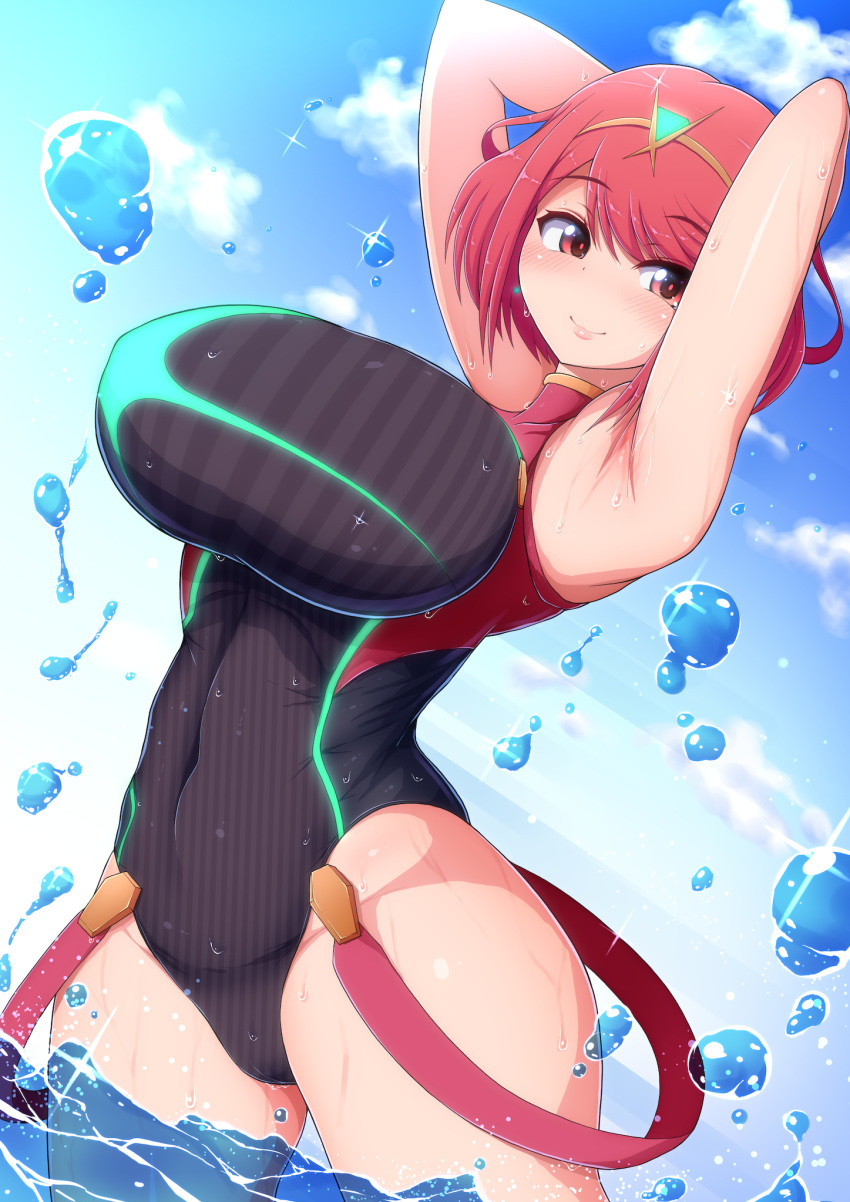 1girl bad_anatomy beach blush breasts cloud competition_swimsuit eyebrows_visible_through_hair gem hair_ornament headpiece highres homura_(xenoblade_2) huge_breasts jewelry large_breasts one-piece_swimsuit ponpo pose red_hair short_hair sky smile splashing swimsuit thighs tiara water wet xenoblade_(series) xenoblade_2