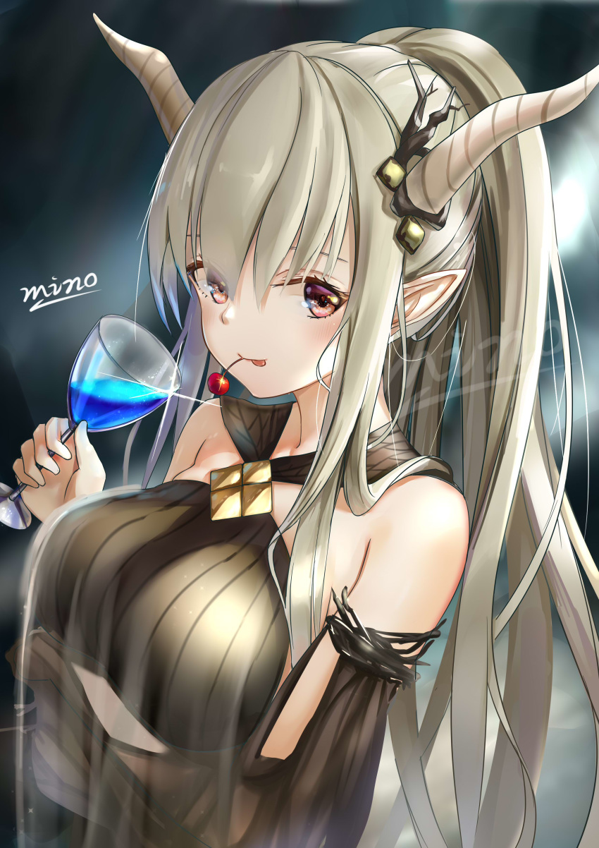 1girl absurdres arknights artist_name breast_lift breasts brown_eyes check_character cherry detached_sleeves drink food fruit grey_background grey_hair highres horns large_breasts long_hair looking_at_viewer minoominoomi mouth_hold pointy_ears ponytail shining_(arknights) tongue tongue_out upper_body