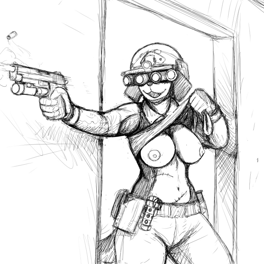 anthro breasts canid canine canis clothed clothing domestic_dog eyewear female goggles gun hladilnik mammal midriff military nipples ranged_weapon samantha_thott scar topless weapon