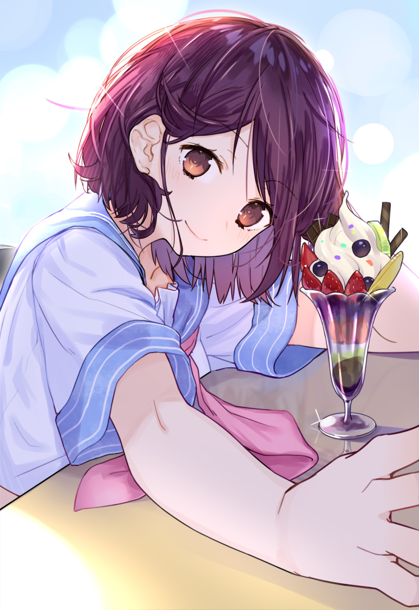 1girl atelier_(series) atelier_sophie bangs black_hair blush brown_eyes citron commentary_request cream eyebrows_visible_through_hair food from_side fruit highres looking_at_viewer ryuuno6 shirt short_hair short_sleeves smile solo sophie_neuenmuller strawberry white_shirt