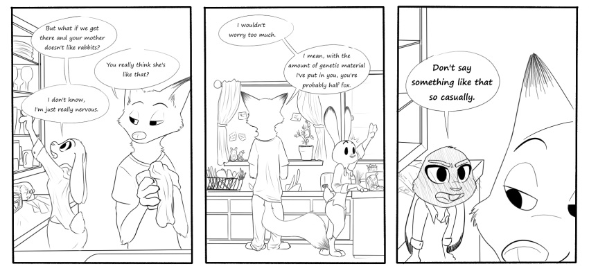 angry anthro barefoot black_and_white blush buckteeth canid canine clothing comic dialogue dipstick_ears dipstick_tail disney duo ears_down fox humor inside judy_hopps kitchen lagomorph leporid looking_back mammal monochrome multicolored_ears multicolored_tail nick_wilde numbro pivoted_ears rabbit size_difference smile speech_bubble teeth washing_dishes zootopia