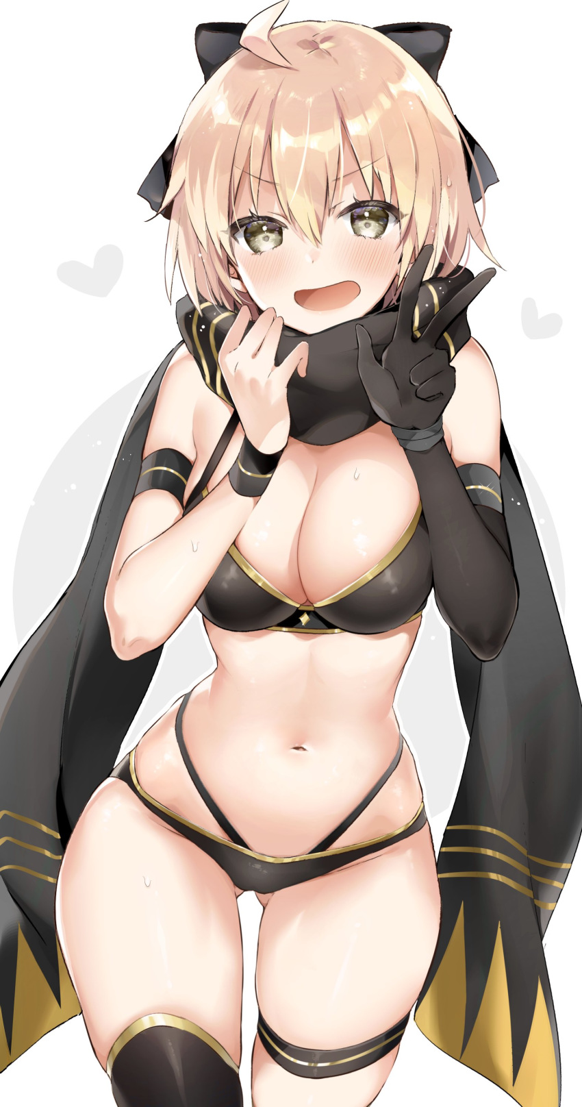 1girl :d absurdres ahoge armband ass_visible_through_thighs bare_shoulders bikini black_bikini black_bow black_legwear black_scarf blonde_hair blush bow breasts cleavage commentary_request cowboy_shot elbow_gloves fate/grand_order fate_(series) gloves hair_between_eyes hair_bow hand_up highleg highleg_bikini highres large_breasts looking_at_viewer navel okita_souji_(fate)_(all) okita_souji_(swimsuit_assassin)_(fate) open_mouth scarf short_hair single_glove single_thighhigh sino_(sionori) smile solo sweat sweatband swimsuit thigh_strap thighhighs v-shaped_eyebrows w yellow_eyes