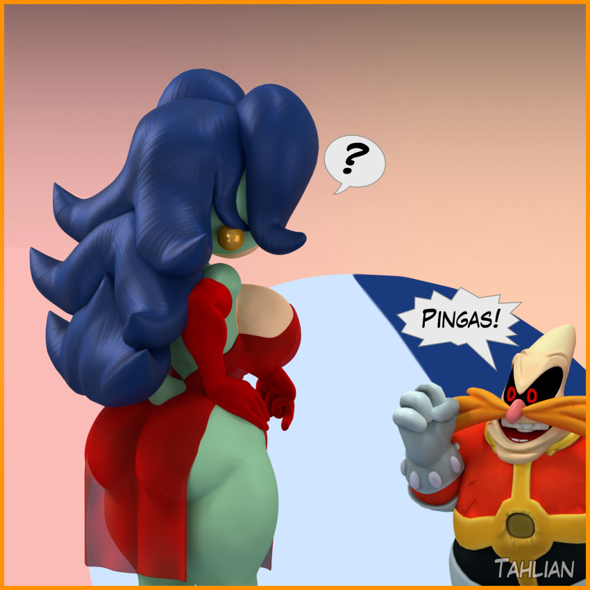 2019 3d_(artwork) ? adventures_of_sonic_the_hedgehog anthro bald big_breasts blue_hair breasts breezie_the_hedgehog butt clothed clothing digital_media_(artwork) dr._eggman dress duo ear_piercing ear_ring eulipotyphlan facial_hair female fur gesture gloves green_fur hair hand_on_hip handwear hedgehog hi_res human male mammal meme mustache open_mouth overweight overweight_male piercing pingas pink_nose pointing red_eyes side_boob sonic_(series) tahlian tan_skin text thick_thighs translucent translucent_clothing video_games voluptuous