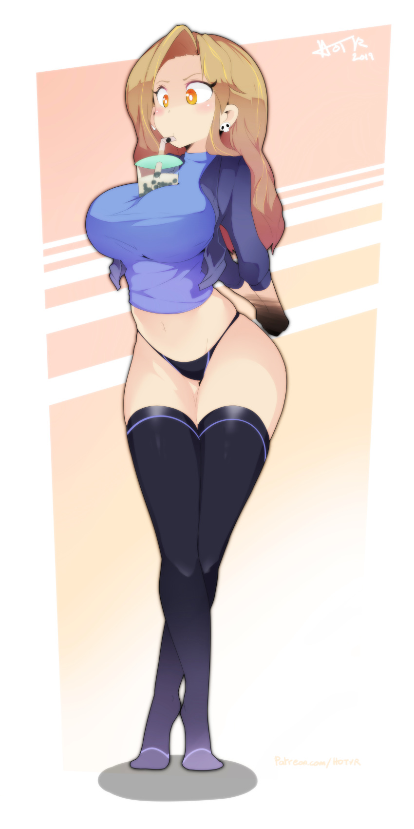 1girl absurdres arm_behind_back between_breasts black_legwear black_panties blue_jacket blue_shirt breasts brown_hair bubble_tea bubble_tea_challenge commission crossed_ankles cup disposable_cup drink drinking drinking_straw earrings full_body highres hot_vr jacket jewelry large_breasts long_hair long_legs looking_at_viewer meme navel no_pants object_on_breast open_clothes open_jacket orange_eyes original panties shirt skindentation skull_earrings solo standing thighhighs tiptoes underwear