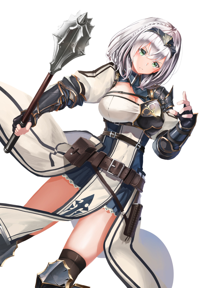 1girl absurdres armor bangs belt belt_buckle black_armor black_gloves blue_collar breastplate breasts buckle circlet cleavage cleavage_cutout closed_mouth collar fingerless_gloves gloves gold_trim green_eyes hair_between_eyes highres holding holding_weapon hololive large_breasts mace medium_hair mole mole_on_breast shirogane_noel sho11813888 shoulder_armor solo thighs utility_belt virtual_youtuber weapon white_background white_hair wrist_guards