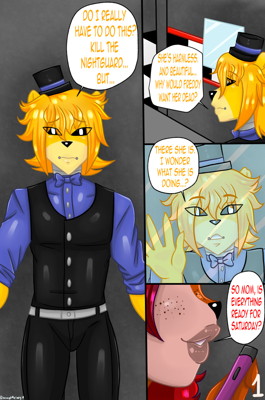 animatronic anthro blonde_hair bow_tie cellphone clothing comic discordmelody female five_nights_at_freddy's freckles fur golden_freddy_(fnaf) hair hat headgear headwear invalid_tag jasmine_ivory lips machine male mammal night_4 phone red_hair robot rodent sciurid smile smirk top_hat ursid video_games yellow_fur
