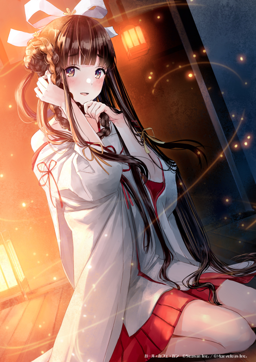 1girl bangs bare_shoulders blunt_bangs blush bow braid brown_eyes brown_hair eyebrows_visible_through_hair full_body girl_cafe_gun hair_bow hair_ornament hair_ribbon hakama_skirt highres holding holding_hair japanese_clothes kazuharu_kina kneeling lantern light_particles long_hair long_sleeves looking_at_viewer miko night nontraditional_miko off_shoulder official_art open_mouth outdoors pleated_skirt red_skirt ribbon sidelocks sitting skirt smile solo