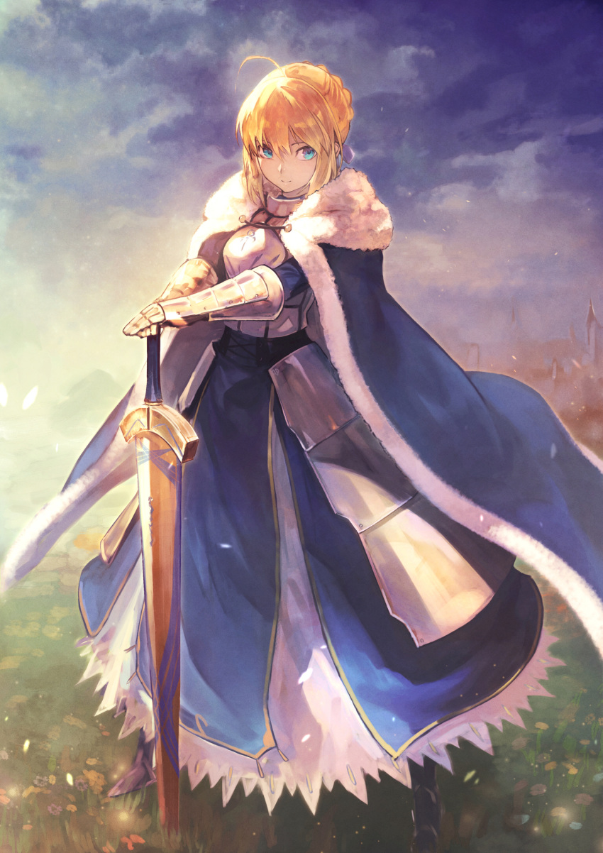 1girl ahoge armor armored_boots armored_dress artoria_pendragon_(all) blonde_hair blue_cape blue_dress blue_eyes blue_ribbon blue_sky boots braid braided_bun cape closed_mouth day dress excalibur fate/stay_night fate_(series) faulds full_body fur_cape gauntlets hair_ribbon hands_on_hilt highres long_dress looking_to_the_side outdoors ribbon saber shirataki_jiro short_hair sky solo standing sword weapon