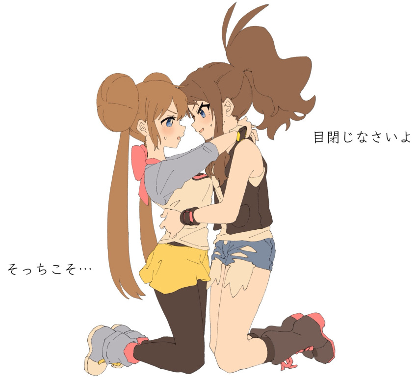 2girls ankea_(a-ramo-do) arms_around_waist arms_behind_back arms_behind_head bangs black_legwear black_vest black_wristband blue_eyes blush breasts brown_hair couple cutoffs denim denim_shorts highres hug imminent_kiss kiss kneeling large_breasts legs long_hair looking_at_another medium_breasts mei_(pokemon) multiple_girls open_mouth pantyhose pokemon pokemon_(game) pokemon_bw pokemon_bw2 shorts shy simple_background smile sweat thighs torso_grab touko_(pokemon) vest waist_hold waist_hug yellow_shorts yuri