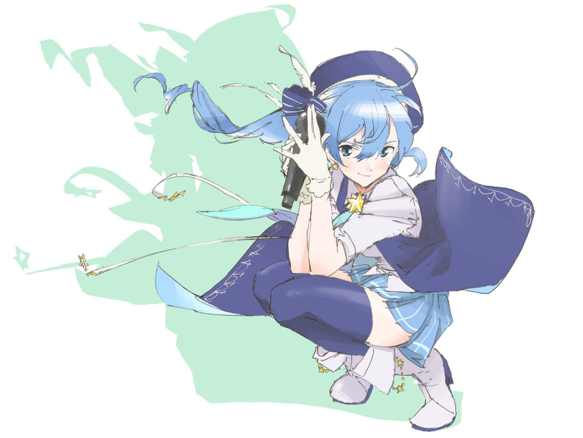 bangs beret blue_eyes blue_hair blue_headwear blue_legwear blue_skirt boots bow closed_mouth earrings gloves hair_between_eyes hair_bow hat highres holding holding_microphone hololive hoshimachi_suisei jewelry long_hair marugayotsu microphone miniskirt shadow skirt slav_squatting squatting star star_earrings suisei_channel thighhighs tiptoes virtual_youtuber white_background white_footwear white_gloves zettai_ryouiki