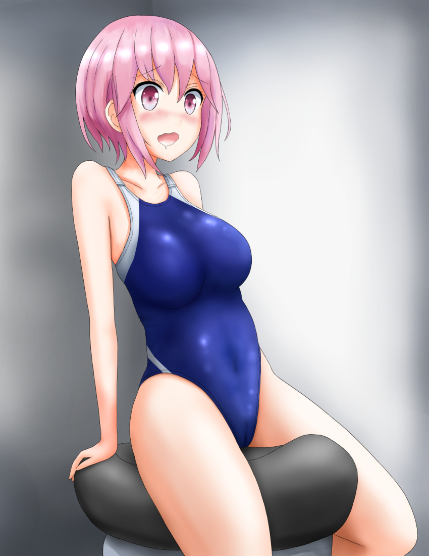 1girl blue_swimsuit bob_cut breasts cameltoe collarbone competition_swimsuit gradient gradient_background grey_background highleg highleg_swimsuit highres medium_breasts one-piece_swimsuit open_mouth original owarimiru pink_eyes pink_hair riding_machine short_hair sitting solo swimsuit