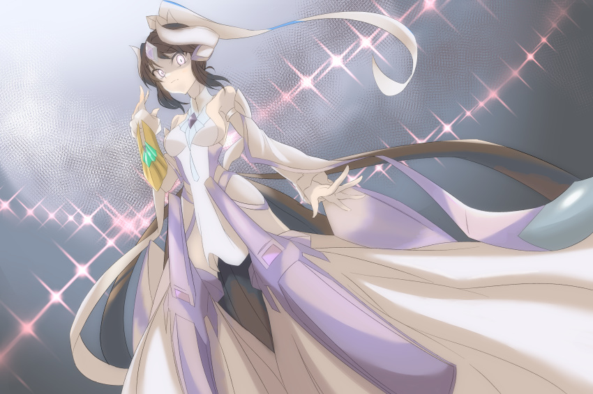 1girl breasts commentary_request detached_sleeves disdain forehead_jewel glowing glowing_eyes grey_background highres horns keen.c kohinata_miku leotard light_frown medium_breasts possessed senki_zesshou_symphogear senki_zesshou_symphogear_xv shaded_face shem-ha short_hair solo sparkle_background spoilers