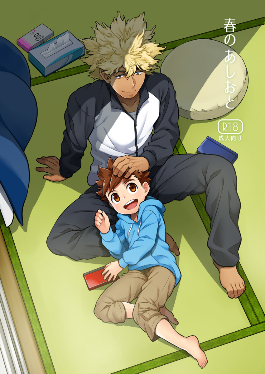 2boys age_difference barefoot blonde_hair brown_eyes brown_hair feet full_body hand_on_another's_head highres hood hoodie monster_hunter_stories mozuku_(mozukuojisan) multiple_boys open_mouth reverto_(monster_hunter_stories) ryuuto_(monster_hunter_stories) smile