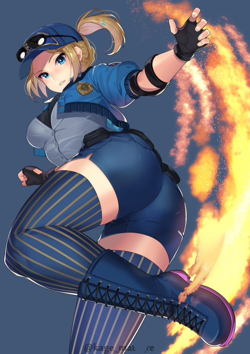 1girl baseball_cap belt blonde_hair blue_eyes blue_legwear blush boots breasts eyewear_on_head final_fight final_fight_tough fingerless_gloves fire flame gloves grey_background hat highres kagematsuri large_breasts looking_at_viewer lucia_morgan medium_breasts police police_badge police_uniform policewoman ponytail short_hair short_shorts shorts simple_background smile solo street_fighter street_fighter_v striped striped_legwear sunglasses thighhighs twitter_username uniform