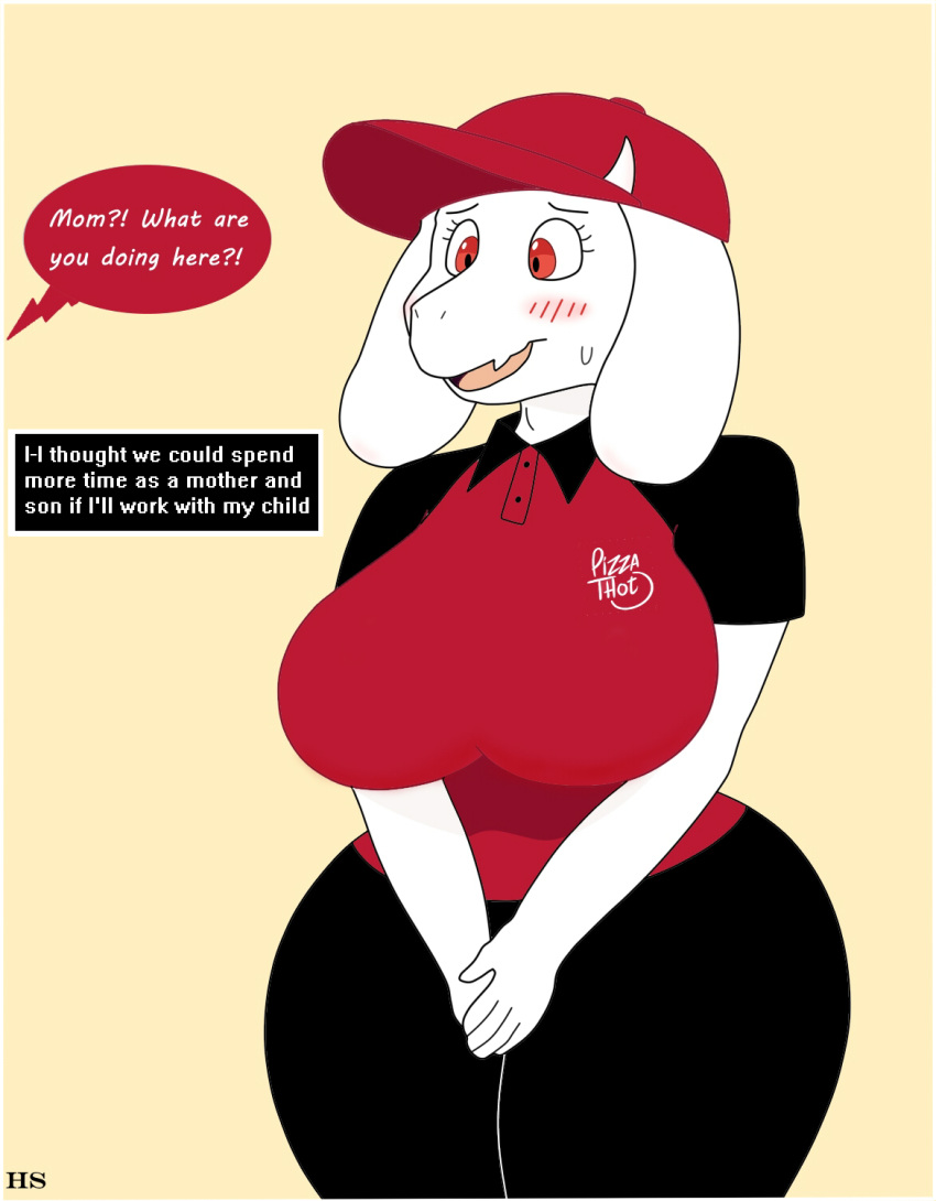 2019 anthro big_breasts big_legs bodily_fluids boss_monster bovid breasts caprine clothed clothing cute_fangs english_text eyebrows eyelashes female food hat headgear headwear hoodie_stalker horn mammal mature_female pizza pizza_thot red_eyes shirt simple_background smile solo standing sweat text topwear toriel undertale uniform unseen_character video_games