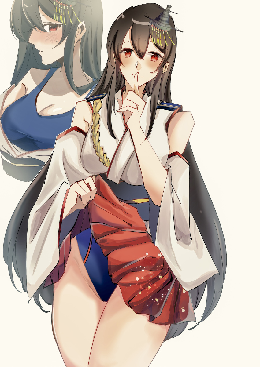 1girl absurdres black_hair blue_swimsuit breasts cleavage competition_swimsuit cowboy_shot detached_sleeves finger_to_mouth fusou_(kantai_collection) hair_ornament hakama_skirt highres jewelry kantai_collection lifted_by_self long_hair looking_at_viewer one-piece_swimsuit red_eyes red_skirt ring simple_background skirt skirt_lift solo swimsuit swimsuit_under_clothes uminoso5 wedding_band white_background zoom_layer